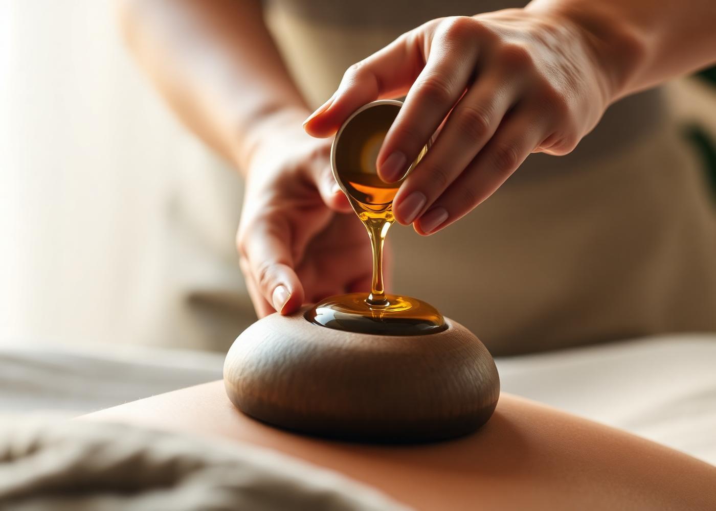 Hands pouring warm oil during a Thai wellness ritual